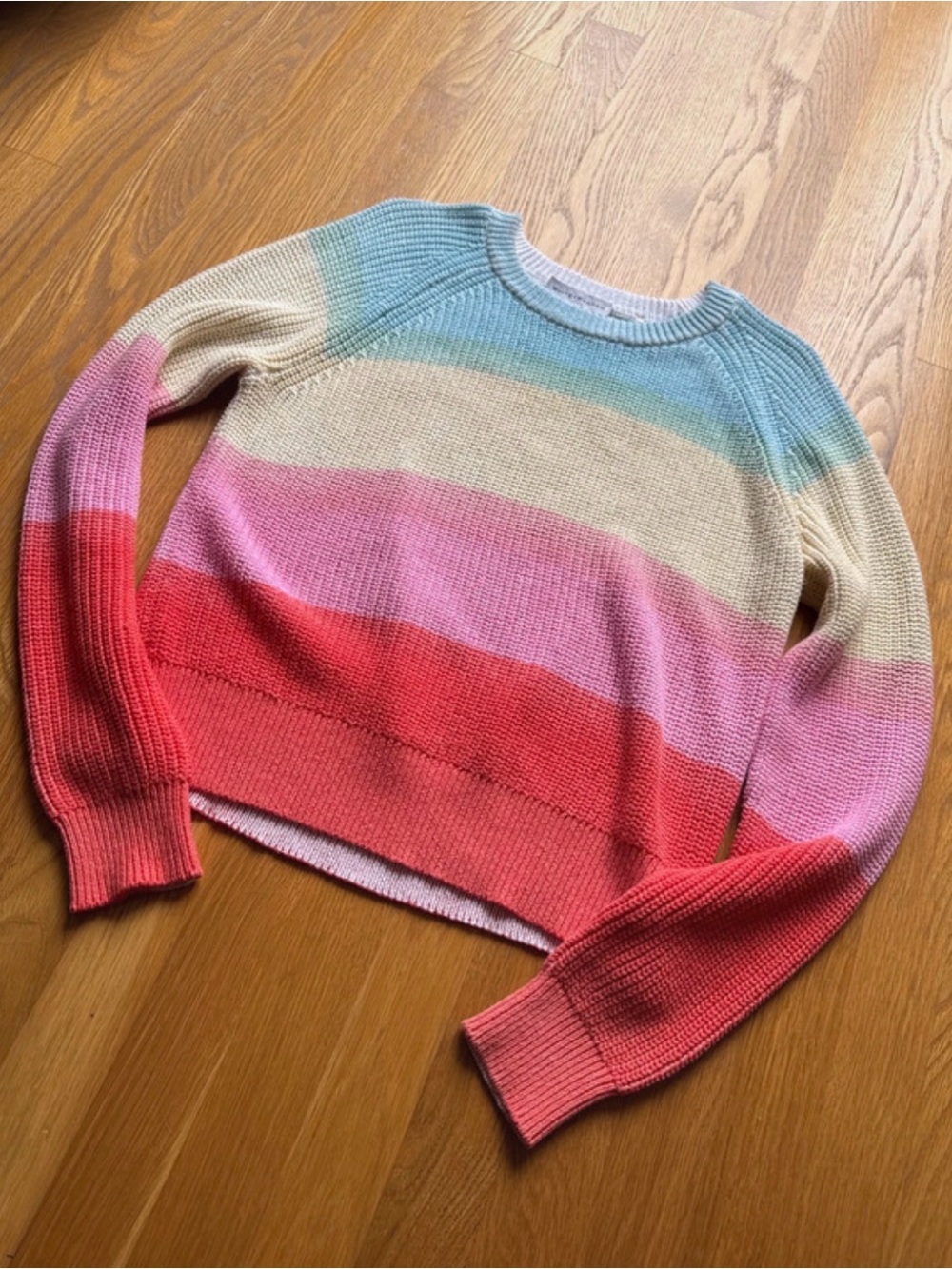 White + Warren Pastel Ombre Crewneck Sweater in Blue, Cream & Pink-Red